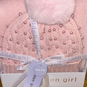 Madden Girl Blush Knit Beanie with Faux Fur Pom
